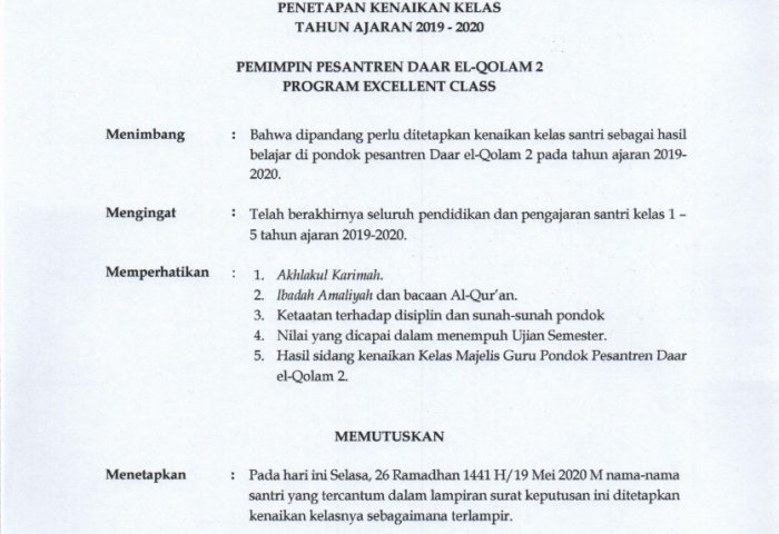 Surat Keputusan Pengumuman Kenaikan Kelas Daar el-Qolam 2 Tahun Ajaran 2019/2020